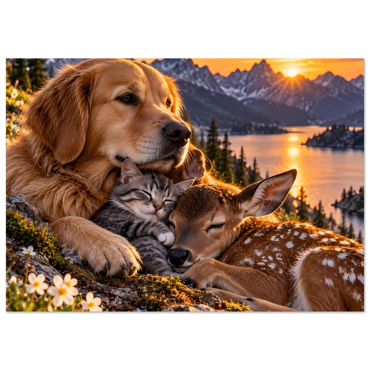 Poster mit Golden Retriever, Katze und Rehkalb beim Kuscheln, warmes Licht