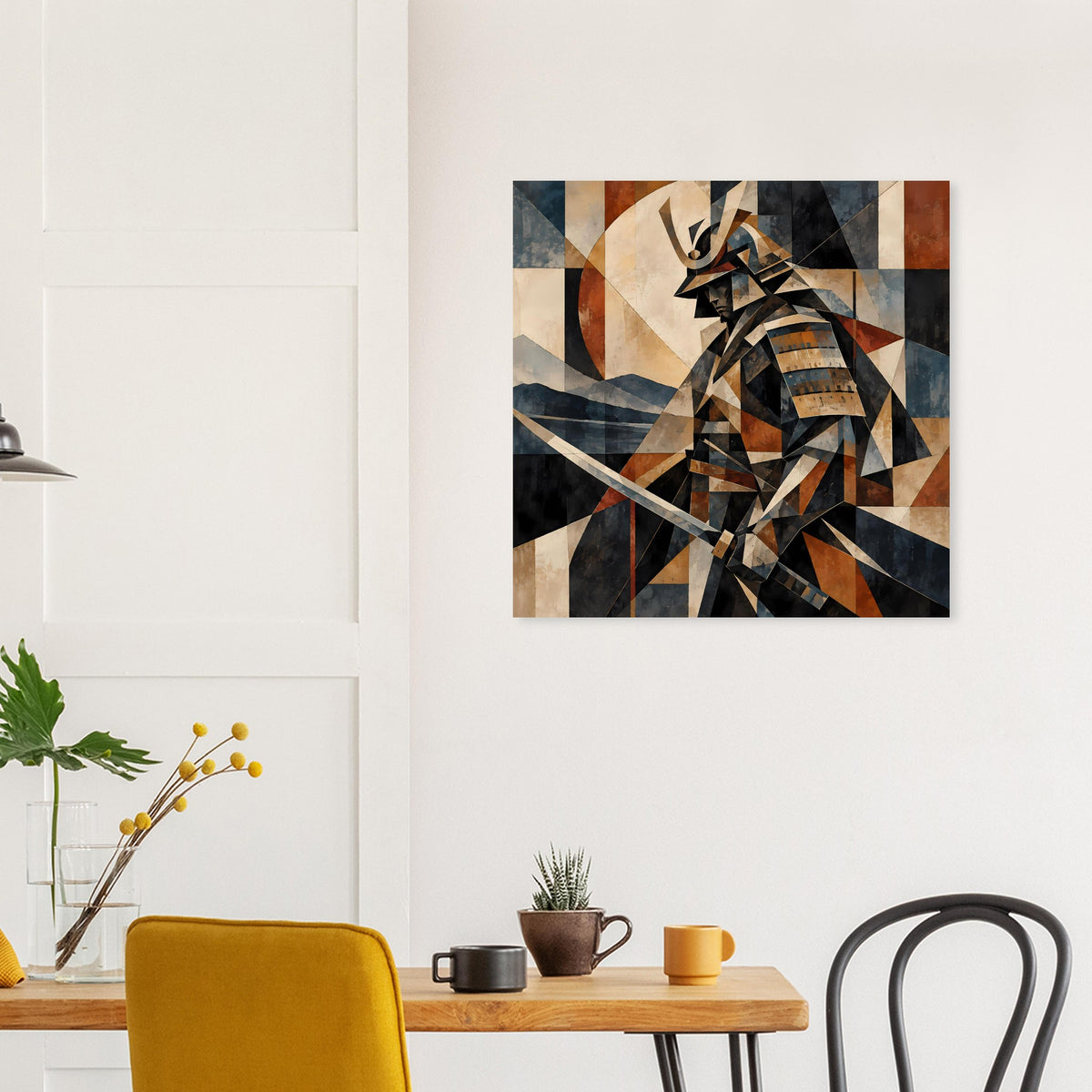 Geometrisches Poster: Samurai-Krieger in dunklen und erdigen Farben mit Blauakzenten