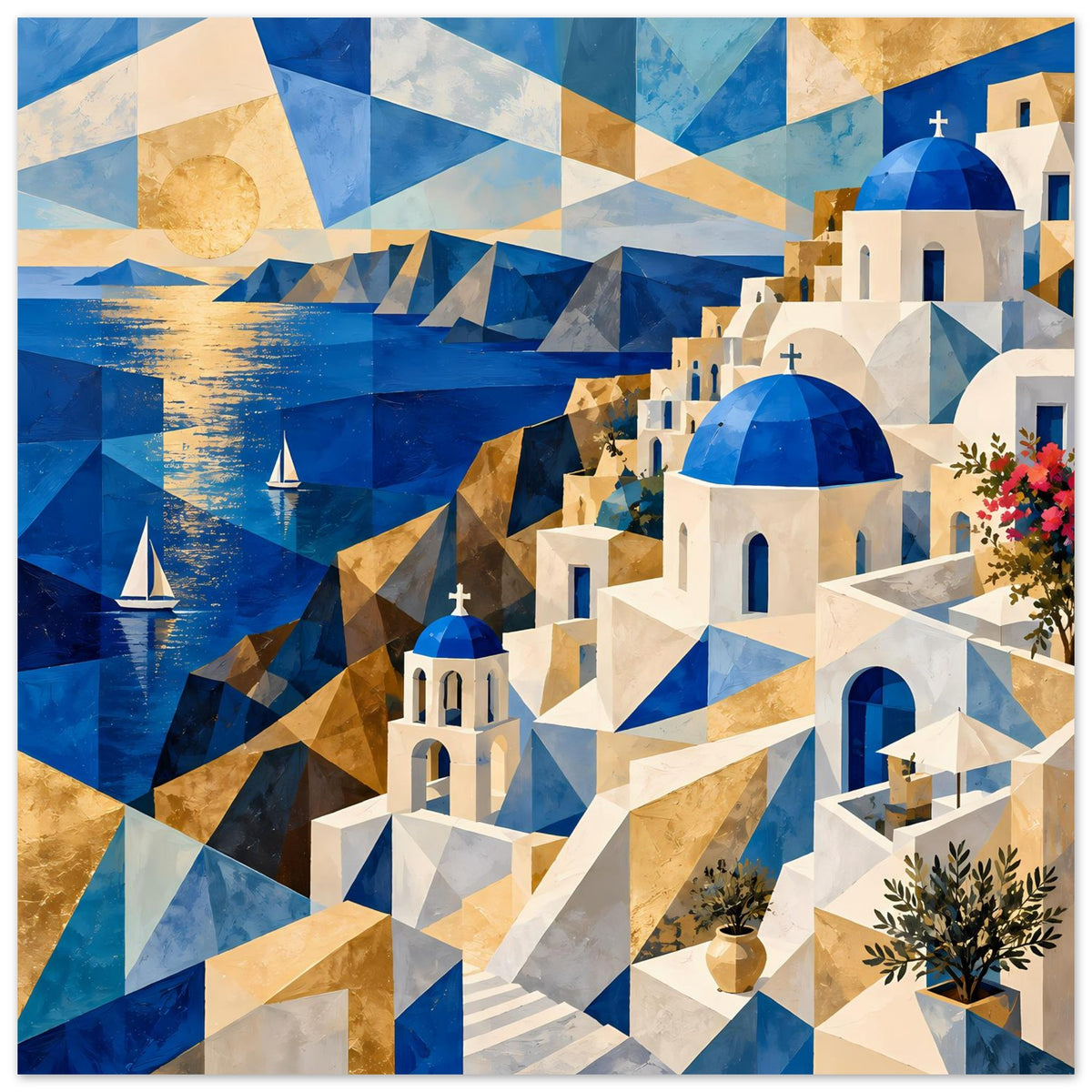Geometrisches Poster: blau-goldene Sonne, Segelboote und weißblaue Architektur am Hang