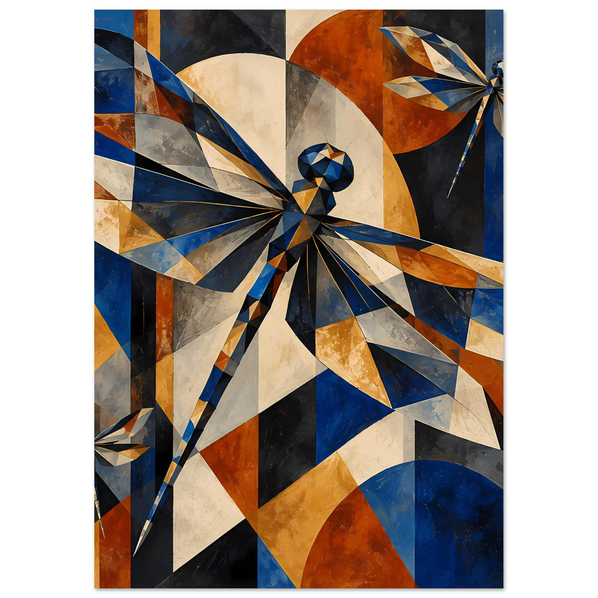 Kunstposter mit zwei geometrischen Libellen, Blau, Kupfer und Beige im Muster