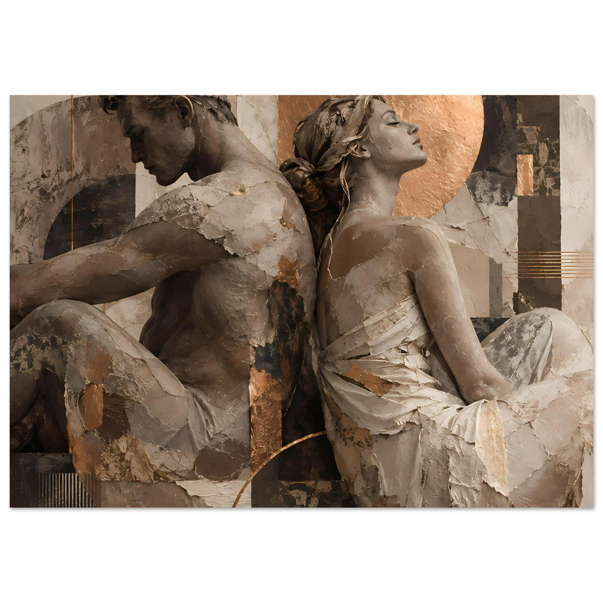 Horizontales Kunstposter mit Paar-Skulpturen und goldfarbenen Akzenten, warmes Relief