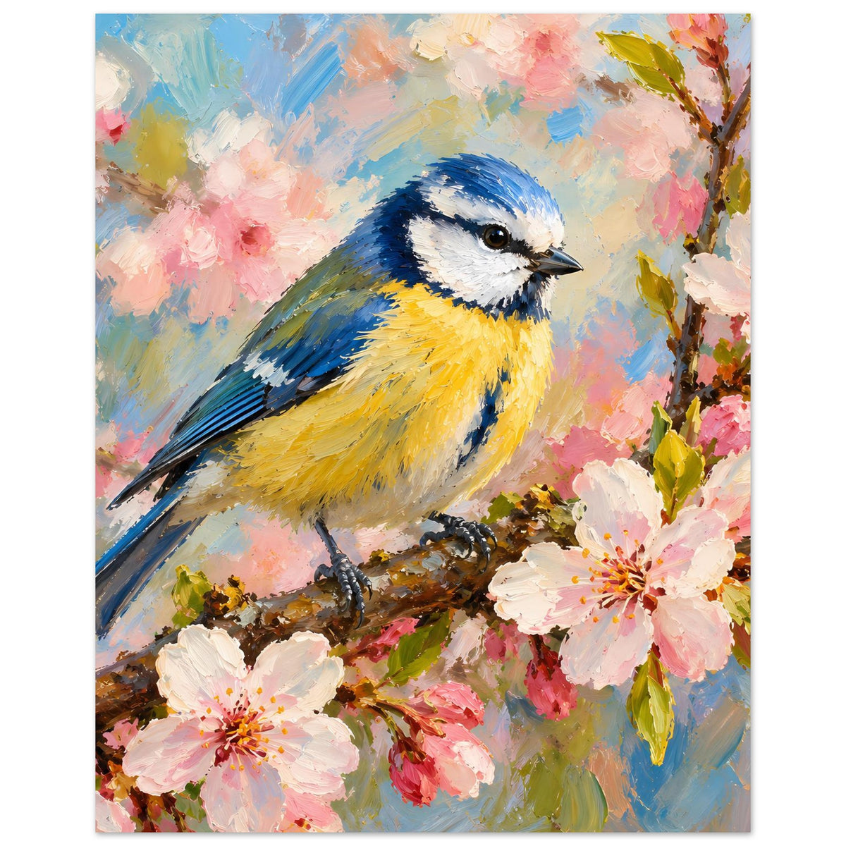 Vogelposter im Hochformat: blauer, gelber Vogel auf Ast zwischen rosa Blüten