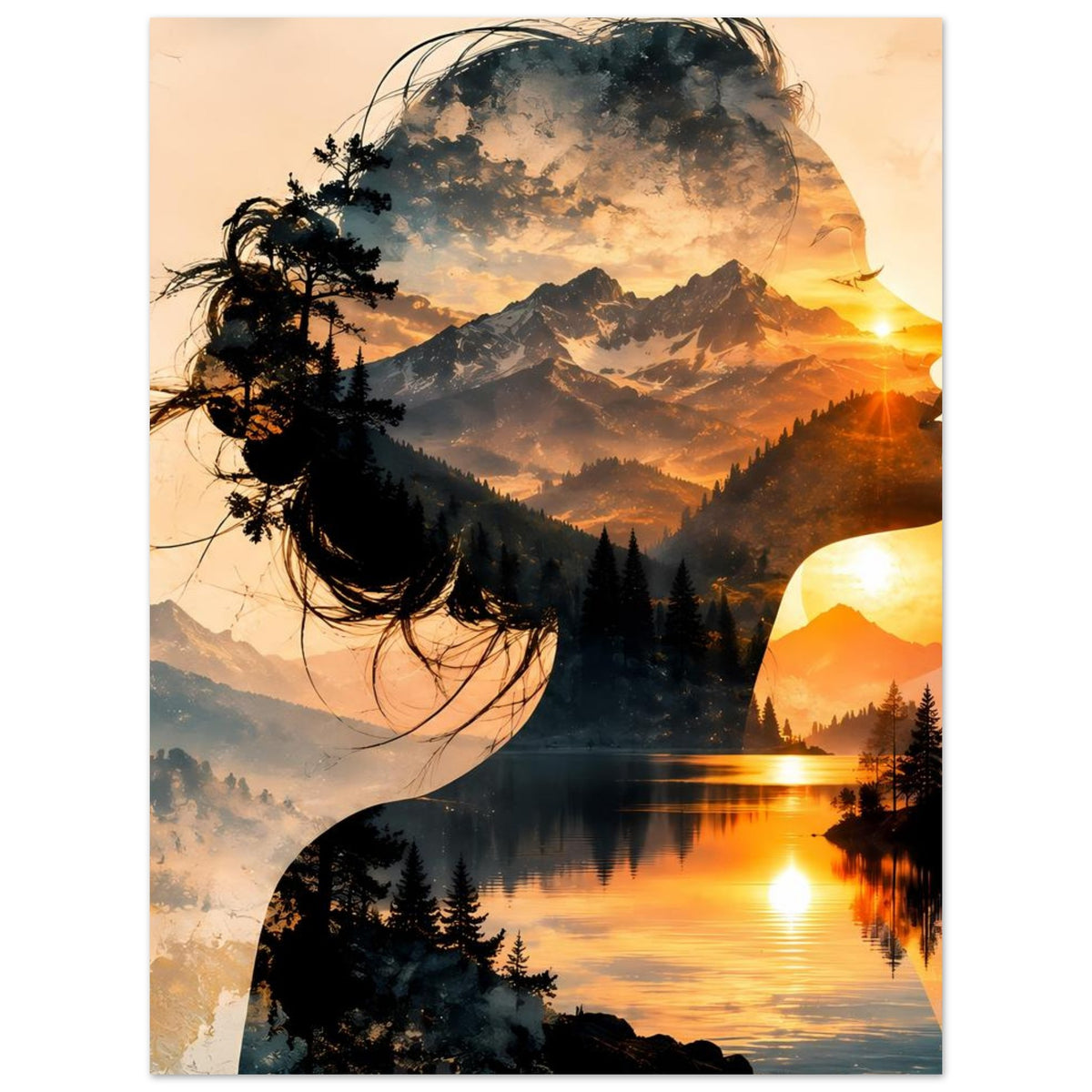 Poster mit Frauensilhouette, Bergsee bei Sonnenuntergang und überlagertem Wolkenhimmel