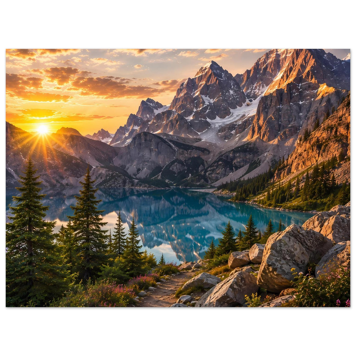 Horizontales Wandposter mit Sonnenaufgang, Alpenbergen, türkisfarbenem See und Felsen
