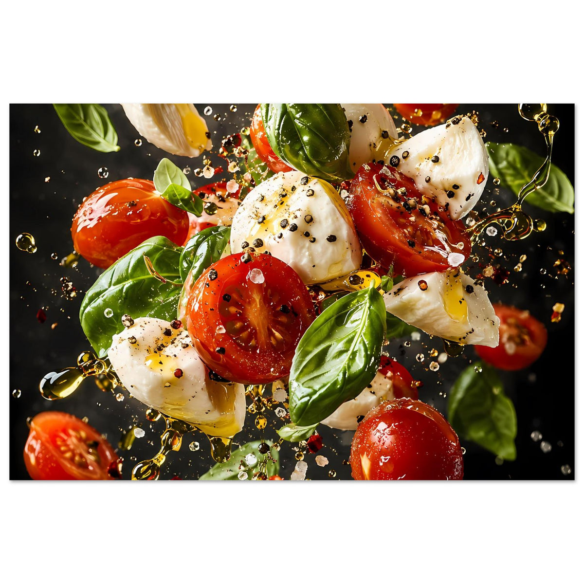Kunstposter im Querformat mit Caprese-Motiv: Tomaten, Mozzarella, Basilikumblätter und Gewürz