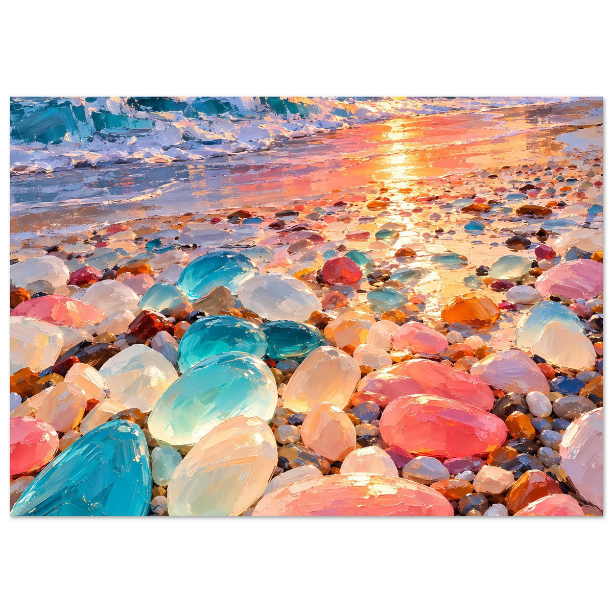 Wandposter im Querformat: Sonnenuntergang am Strand mit bunten Kieselsteinen und Wasserlinie