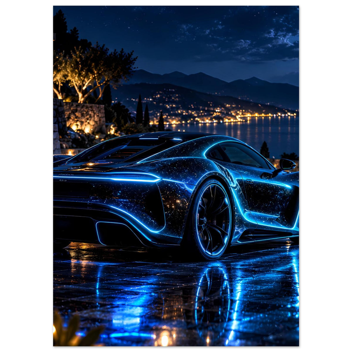 Poster im Hochformat: blau glühender Sportwagen, Spiegelungen auf der Straßenoberfläche