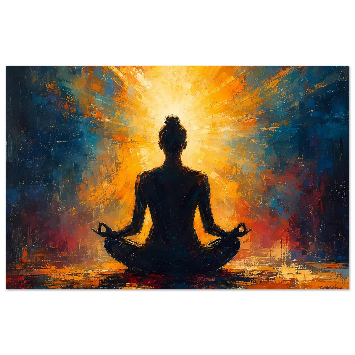 Poster im Querformat: Meditierende Silhouette mit leuchtendem Lichtkranz in Blau-Orange-Tönen
