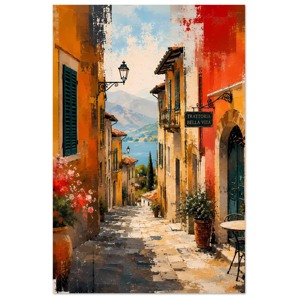 Hochformatiges Wandposter: schmale Gasse zwischen Häusern, warmes Rot-Ocker, blaue Fensterläden