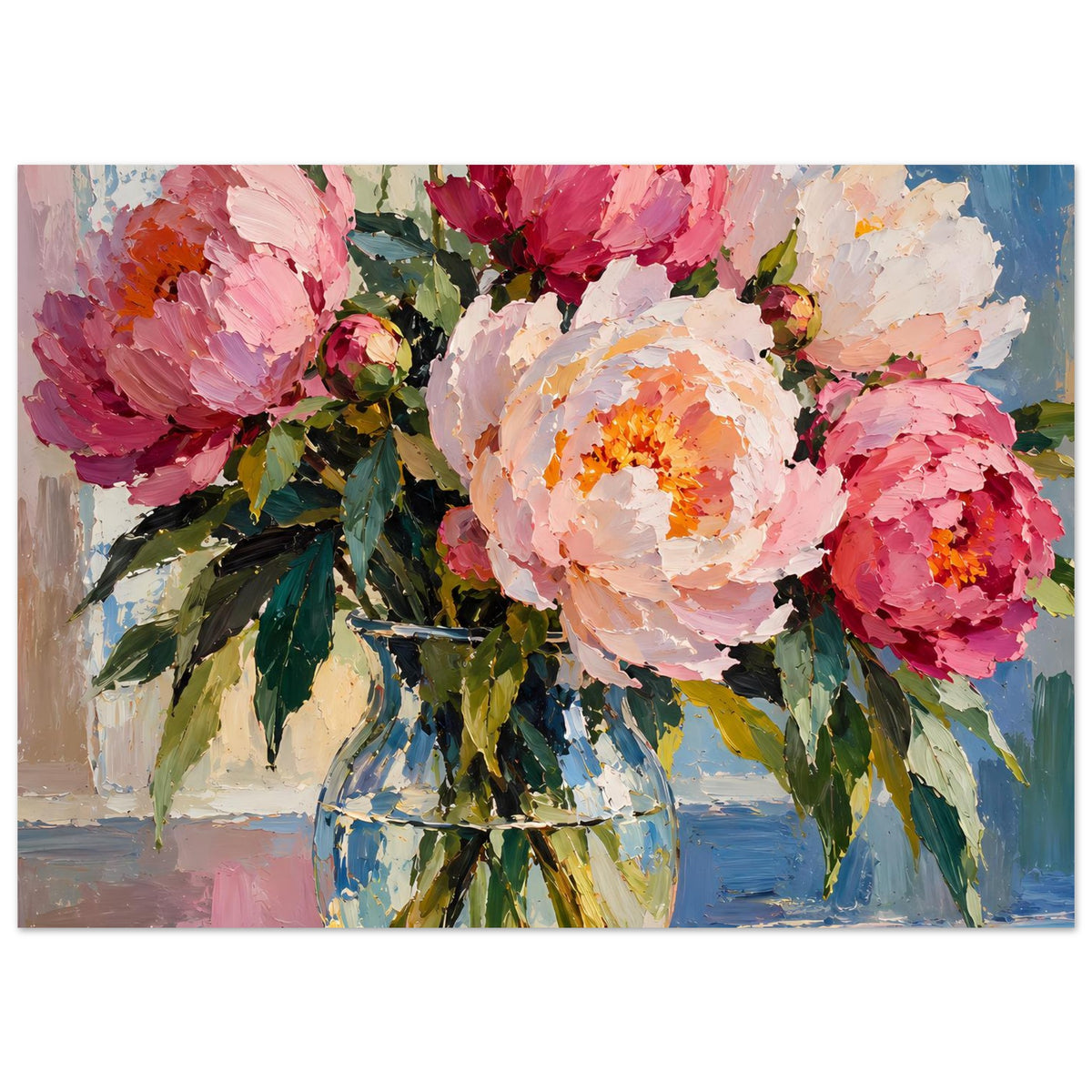 Blumenposter: Pfingstrosen in Vase, Ölmalerei-Stil, breit gerahmt