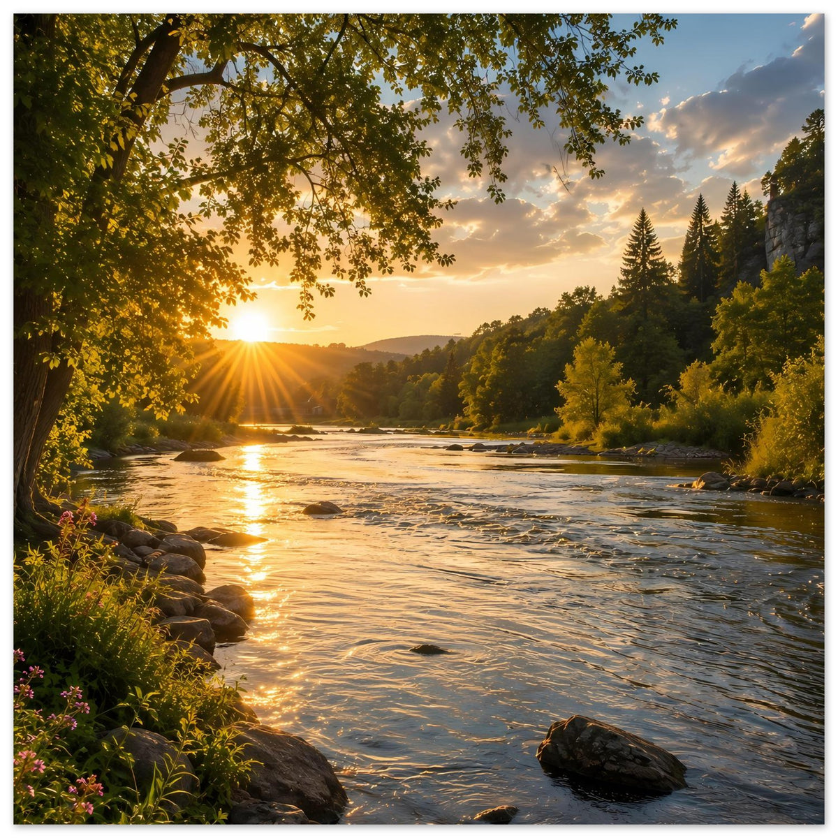 Landschaftsposter: breiter Fluss bei Sonnenuntergang, Sonnenstrahlen, Bäume, Steine und Uferpflanzen