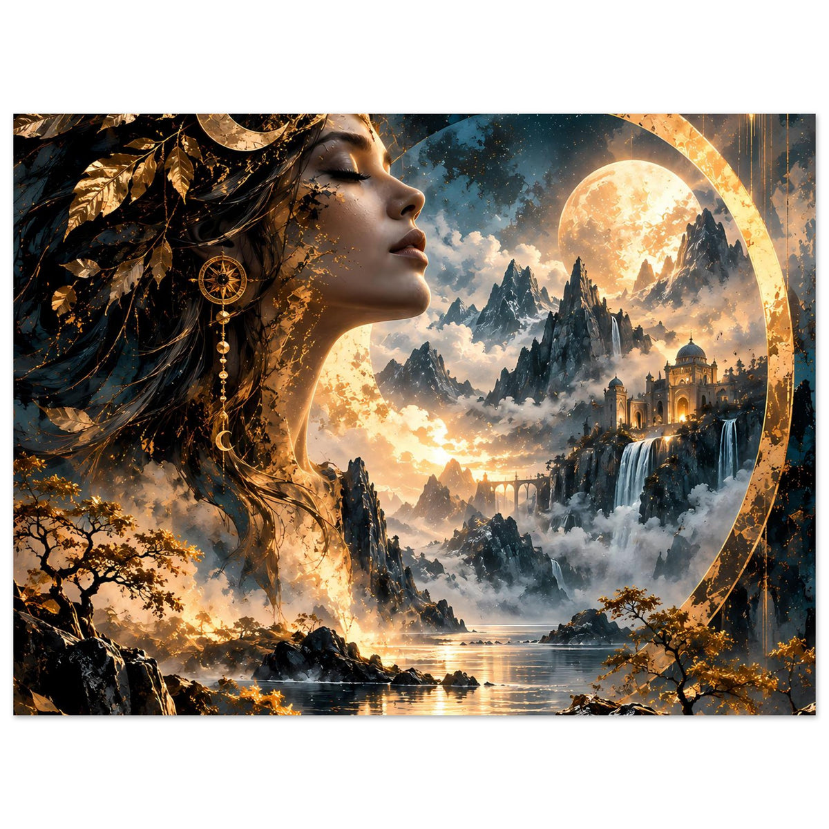 Poster im Hochformat: Göttinnenprofil mit Schmuck, Halbmond und Schloss in der Bergkulisse