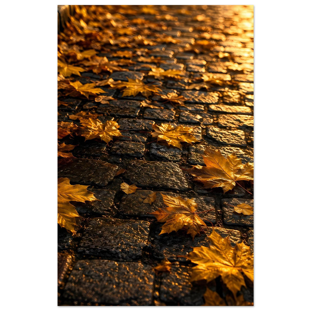 Poster mit goldenem Herbstlaub auf dunkler Steinmauer, warmes Licht, Premium-Mattpapier