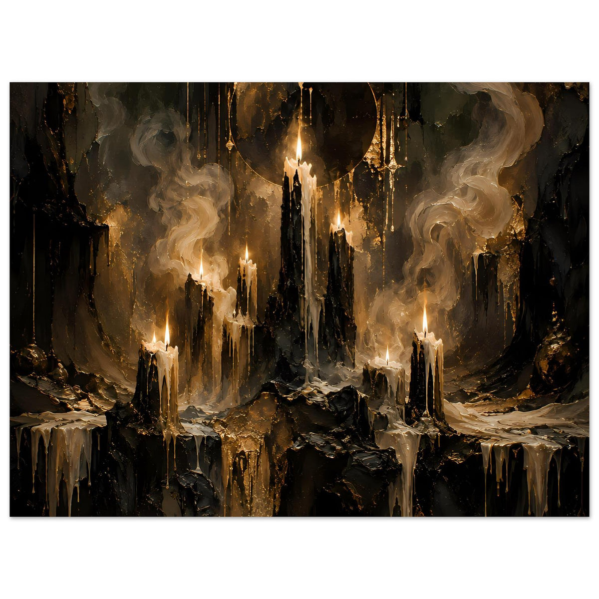 Fantasy-Poster im Querformat mit Kerzenreihen, Rauchschwaden und goldfarbenen Säulenelementen