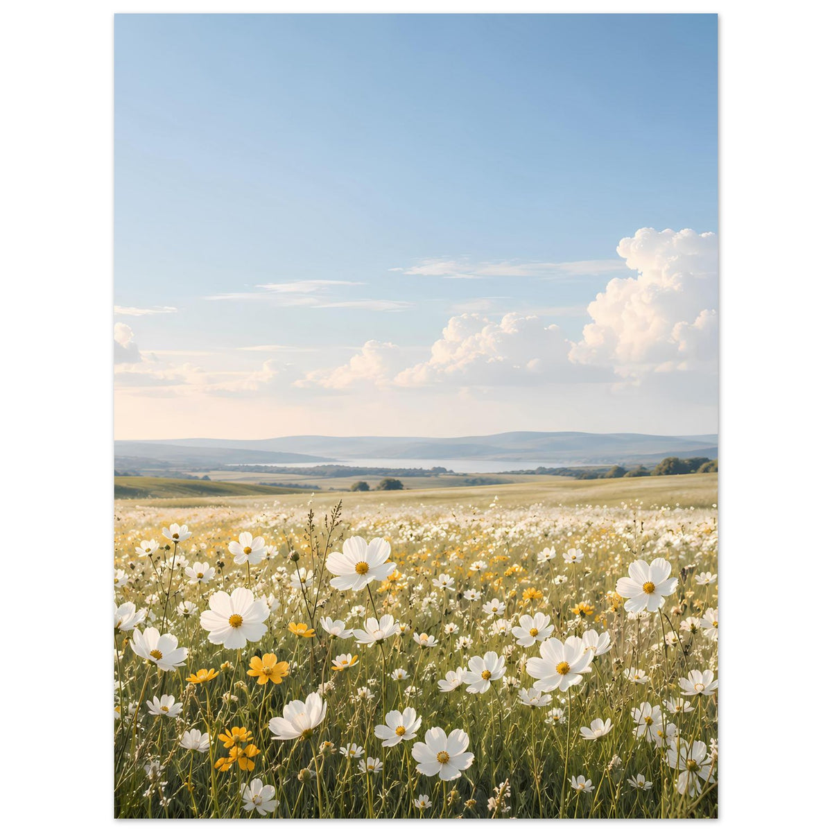 Hochkant-Poster mit Wildblumen und weißen Blüten im Feld unter wolkigem Himmel