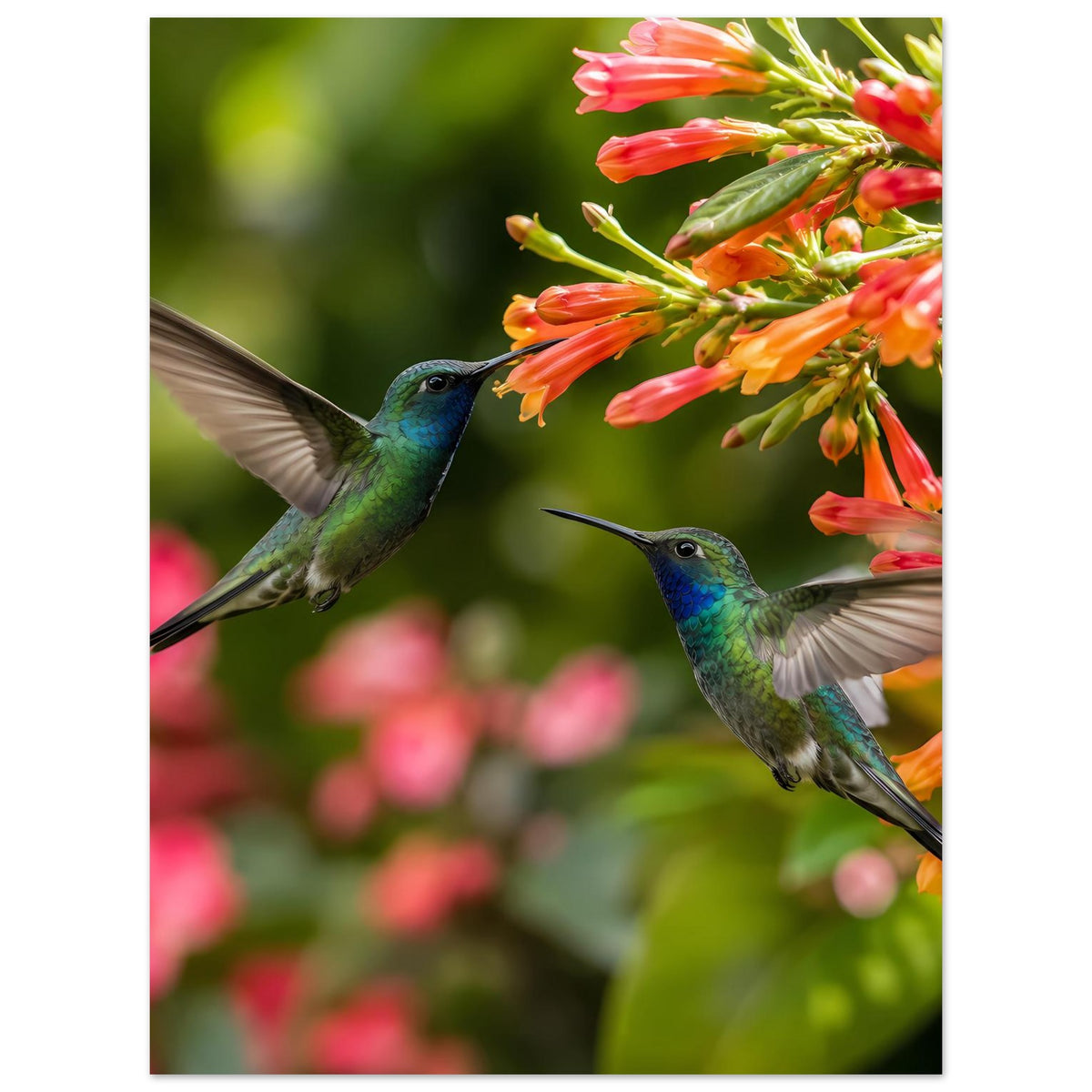 Poster mit Kolibris zwischen Blüten: zwei grün-blaue Vögel an orangefarbenen Blütenzweigen