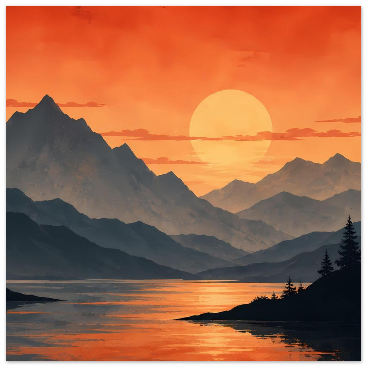 Poster: Orangefarbener Sonnenuntergang über Bergsee mit dunklen Bergsilhouetten
