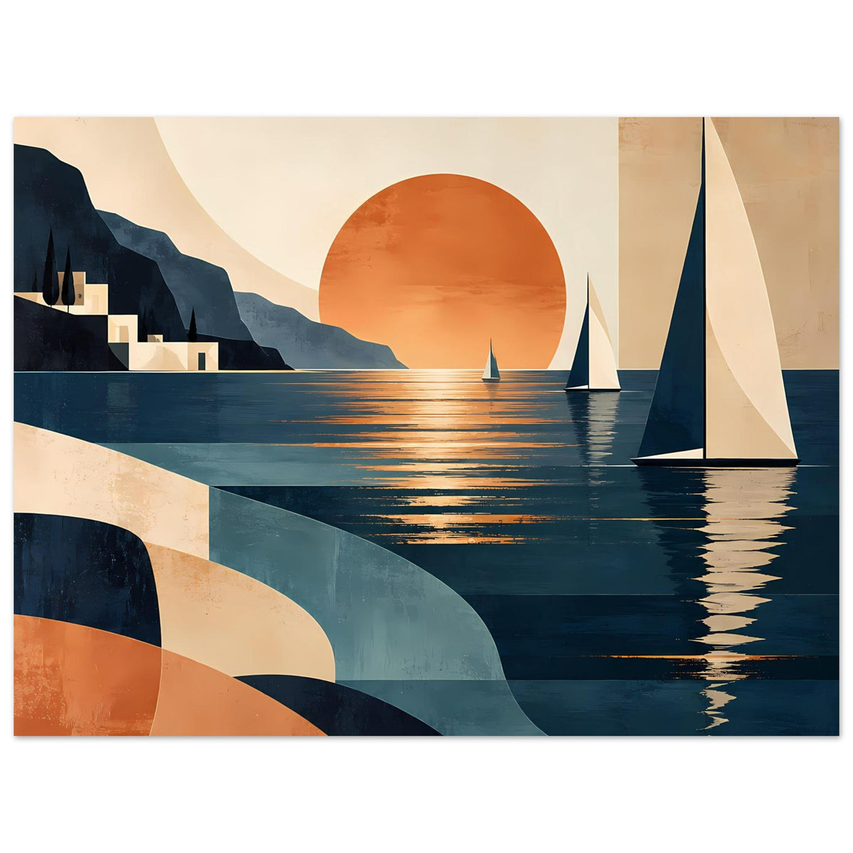 Poster mit Sonnenuntergang über dem Meer: Segelboote und Wasserreflexe, orange-blaue abstrakte Ebenen