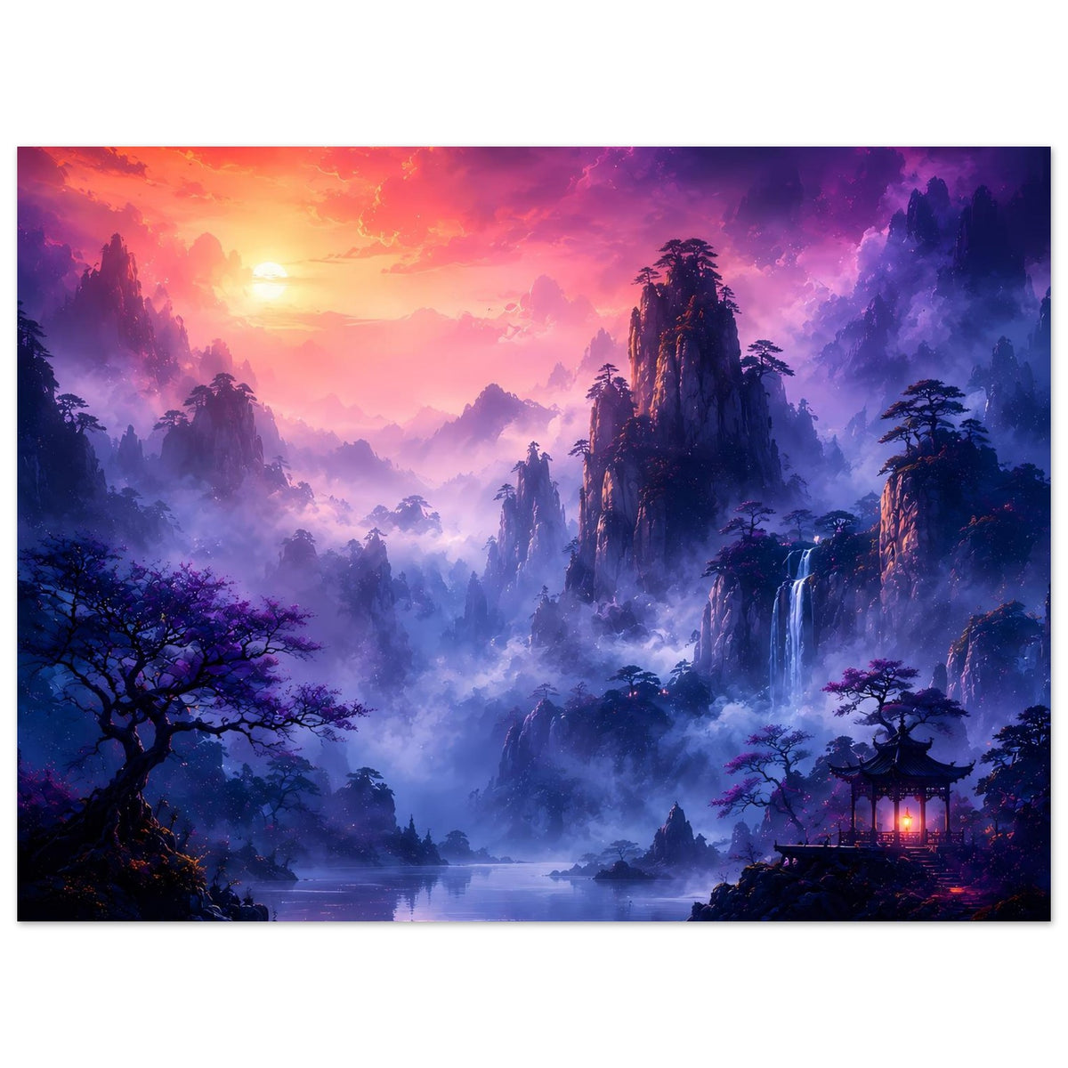 Fantasy-Poster im Rahmen mit Nebelbergen, See, Wasserfall und türkis-violetten Tönen