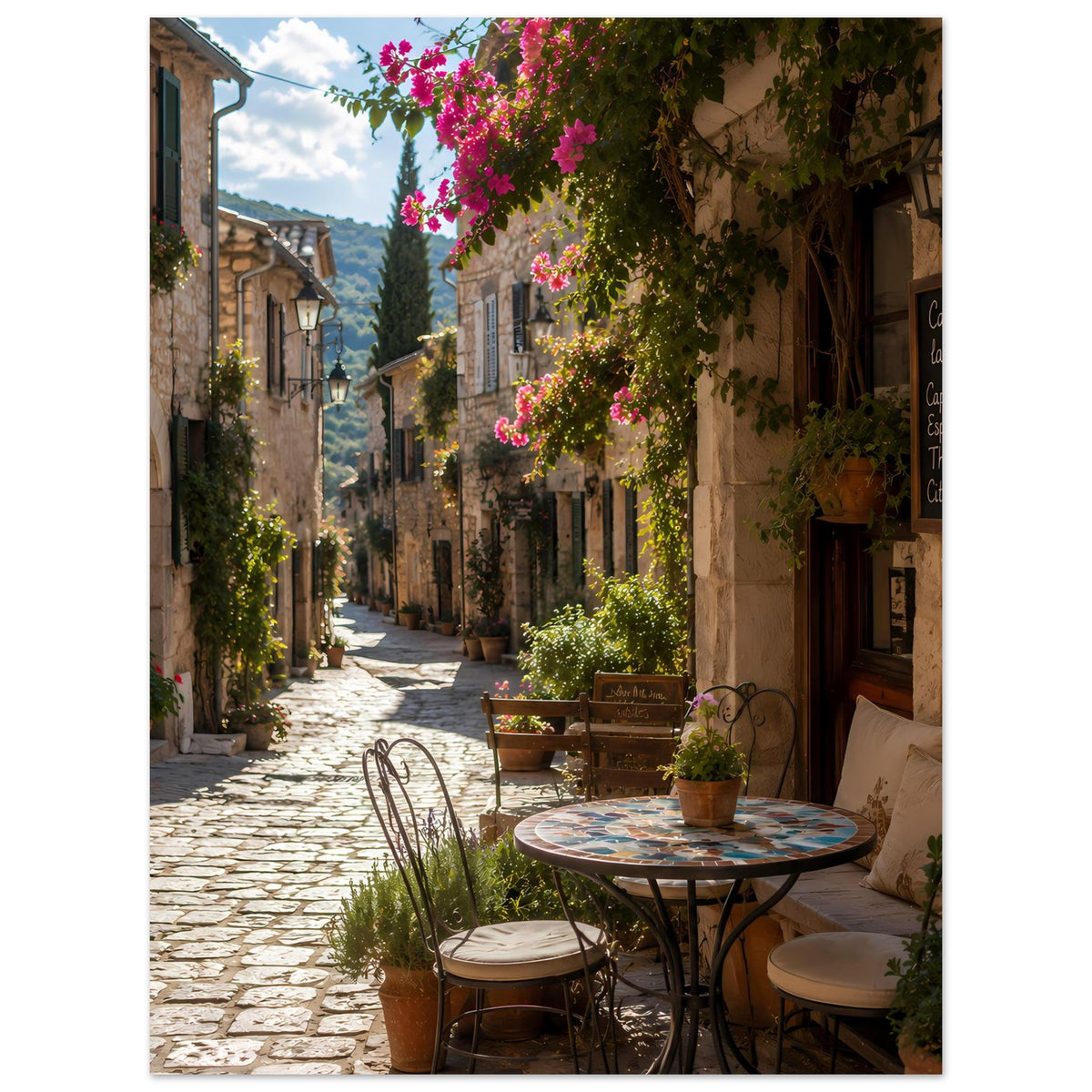 Vertikales Poster mit sonniger Altstadtgasse und Café-Tisch im Freien