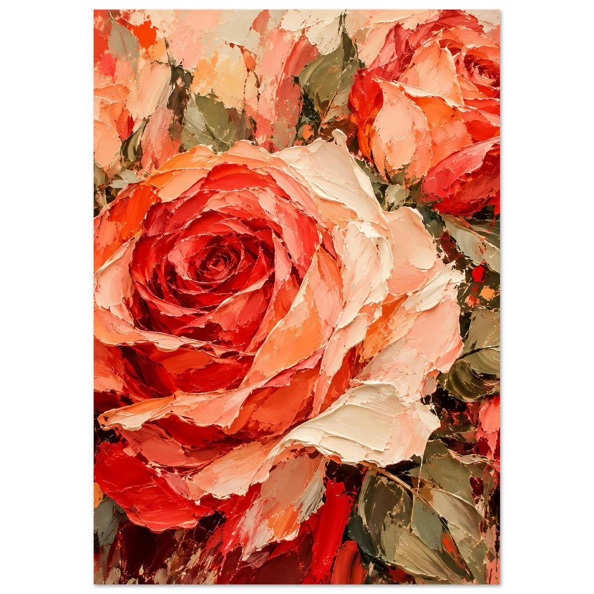 Wandposter im Hochformat mit Textur-Rosen-Bouquet, roter Kernrose und cremefarbenen Blüten