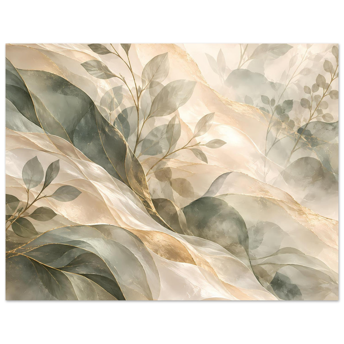 Botanisches Kunstposter mit Blattzweigen in Salbeigrün, Creme und Gold, querformatig