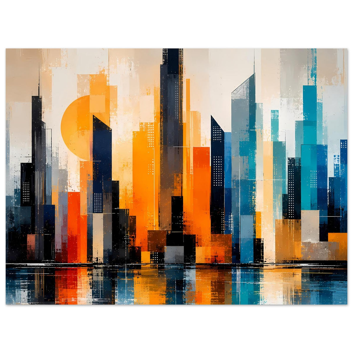 Abstraktes Skyline-Stadtposter: orange und türkisfarbene Gebäude mit Wasserfläche