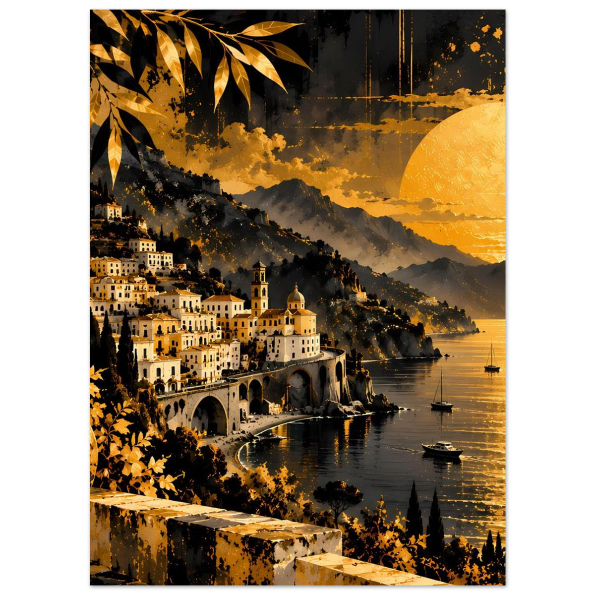 Poster mit Küstendorf, Sonnenuntergang über Bucht und Boote auf ruhigem Wasser