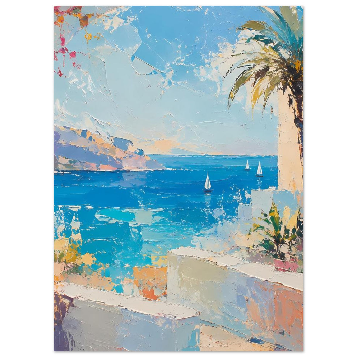 Sommer-Poster mit Meeresbucht, Palme rechts oben und Segelbooten in der Ferne