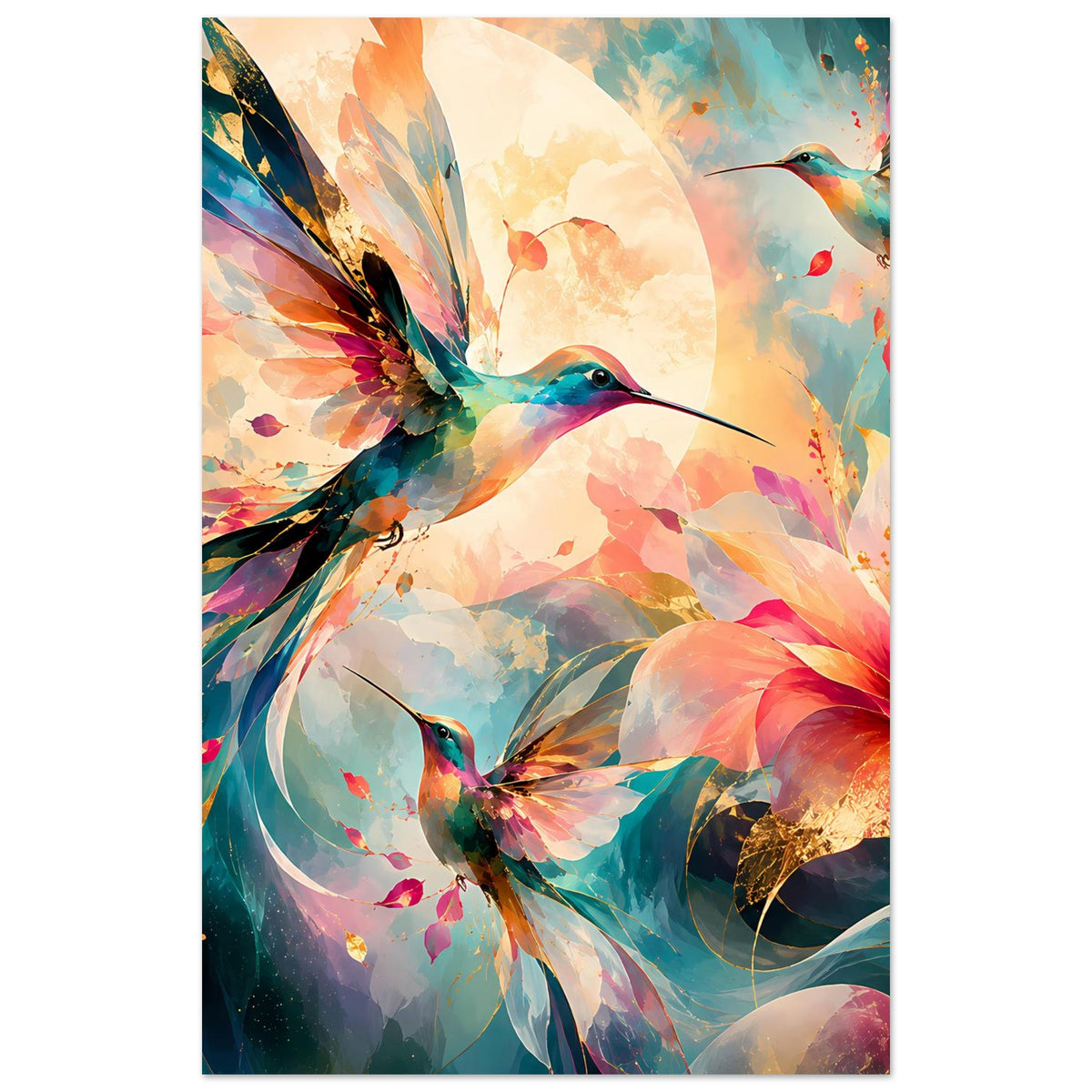 Kunstposter im Hochformat mit Kolibri und bunten Blüten, farbenfrohe Aquarellmotive
