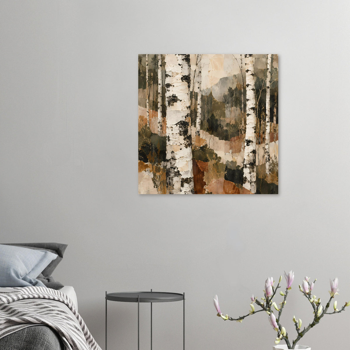 Quadratisches Wandposter mit Birkenwald-Motiv, weiße Stämme und braune Farbsprenkel