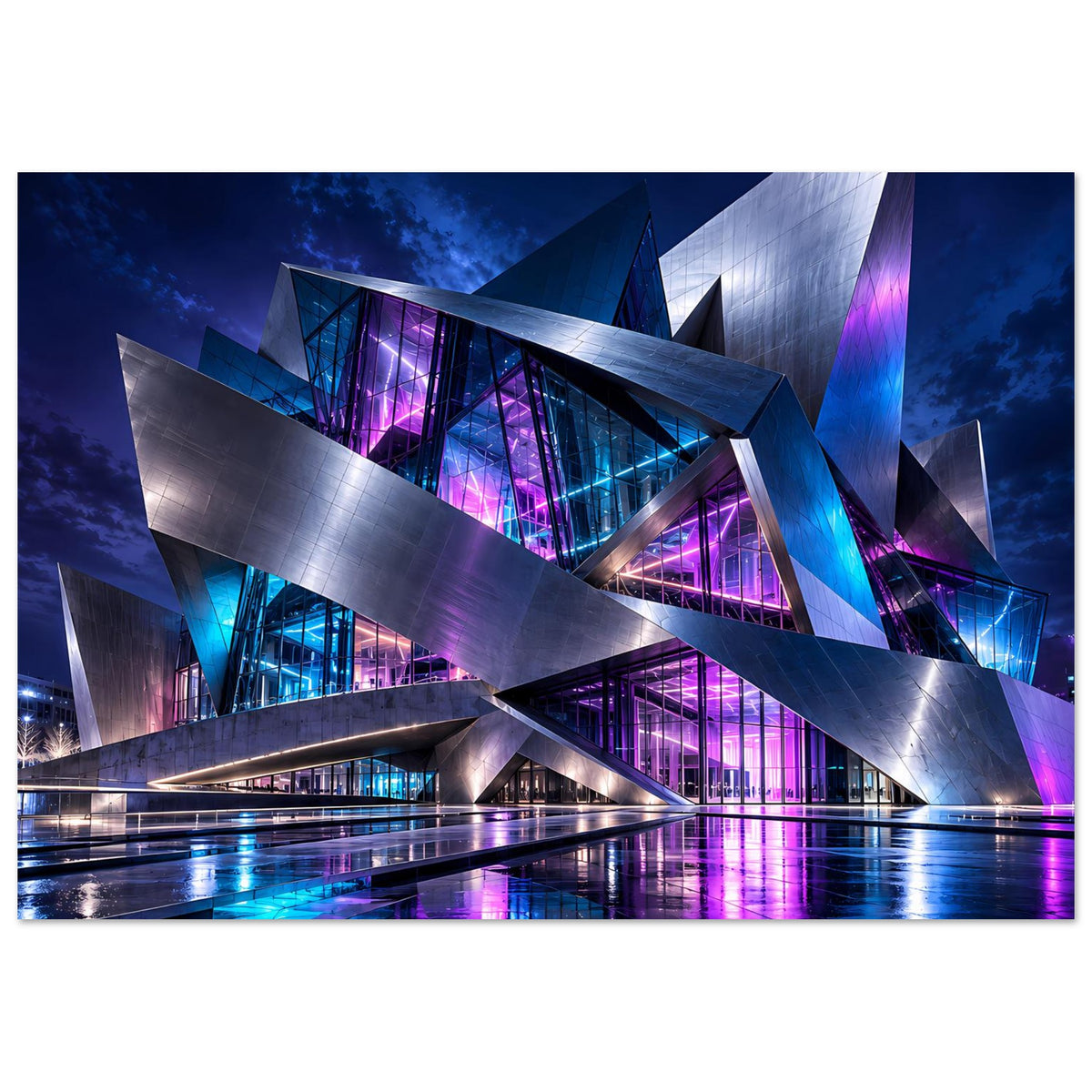 Futuristisches Architekturposter, Querformat: silbernes Gebäude mit blau-violetten Lichtern