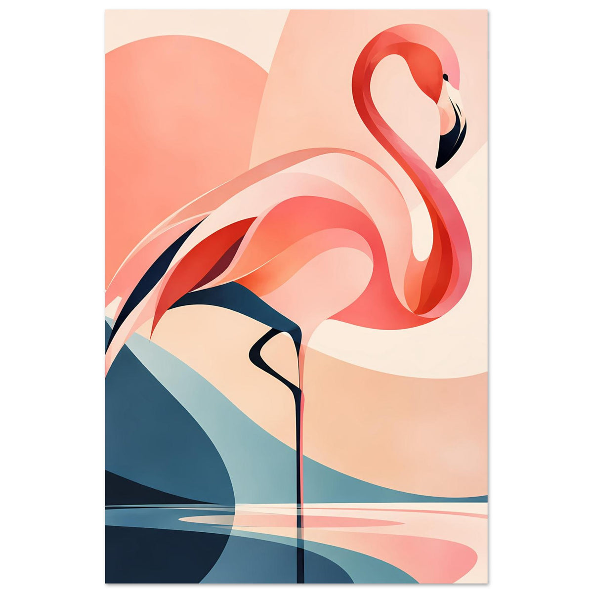 Hochkant-Kunstdruck mit abstraktem Flamingo, Korall- und Rosatönen, Beige und Blau