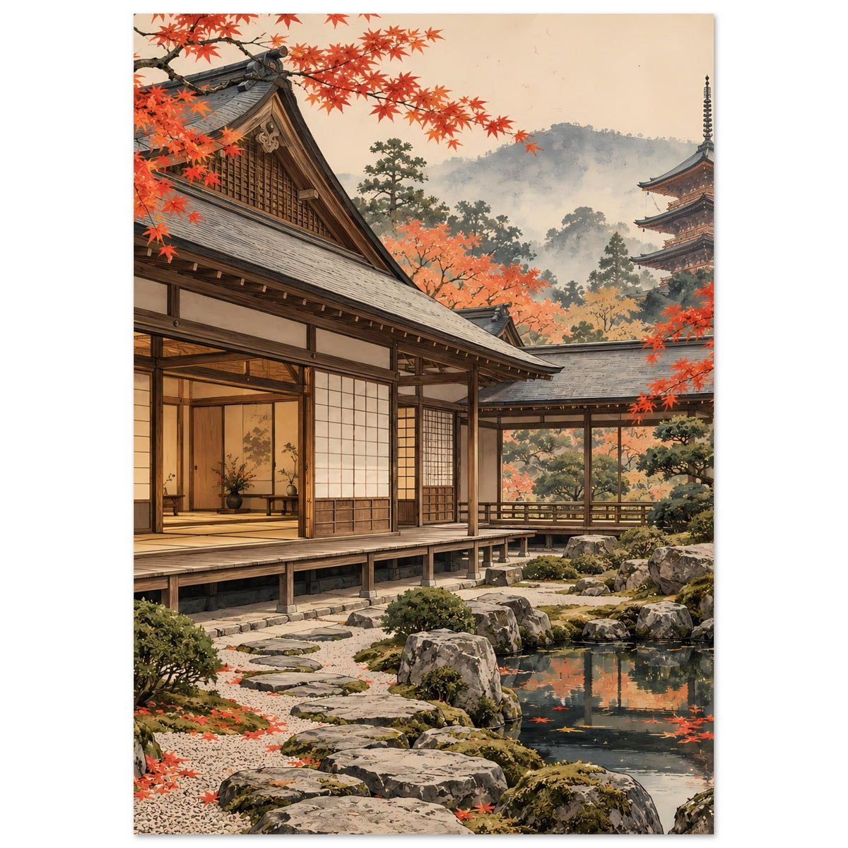 Herbstgarten-Poster mit japanischer Pagode im Hintergrund, rotem Herbstlaub und Teich zwischen Felsen