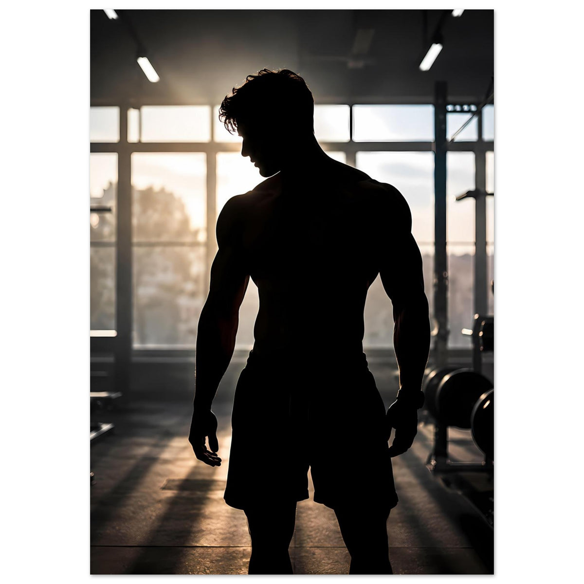 Vertikales Fitnessposter mit dunkler Athleten-Silhouette und Sporthosen