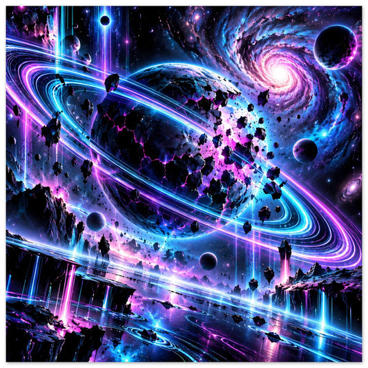 Neon-Galaxie-Poster mit violett-blauen Lichtbahnen, Planeten, Silhouetten und Raketen