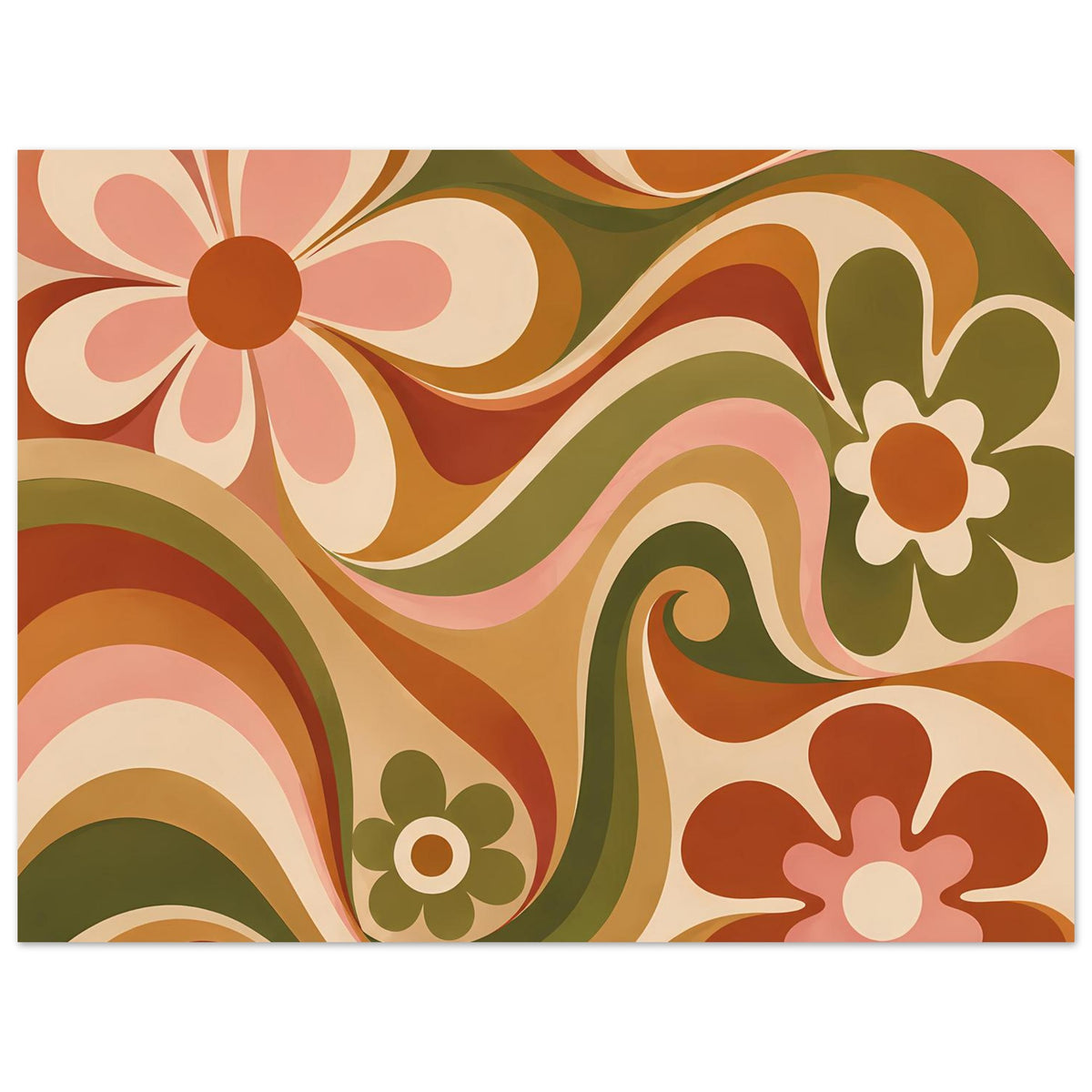 Florales Retro-Poster, breiter Ausschnitt: Blume oben links, Wellenmuster in Olivgrün und Orange