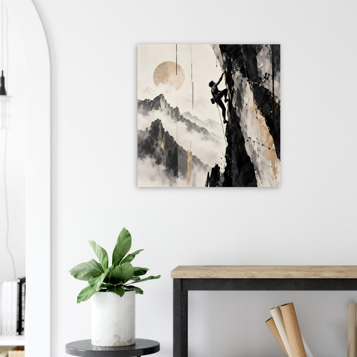Kunstposter mit kontrastreicher Felswand, Bergpanorama und Mond, quadratisch