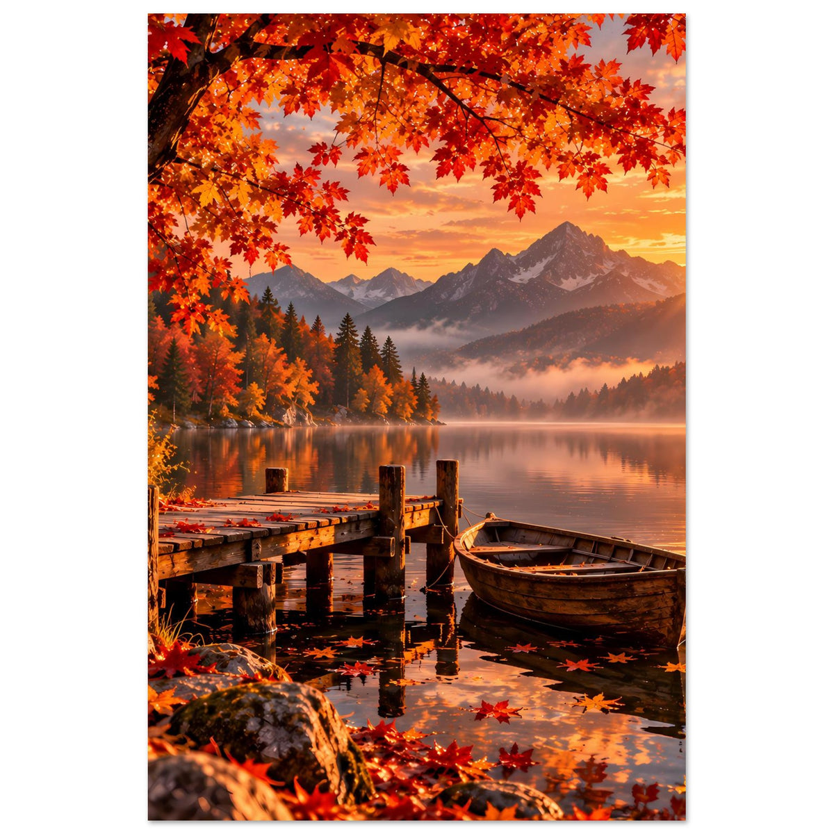Vertikales Herbst-Berglandschafts-Poster mit See, Holzsteg, Boot und Bergpanorama