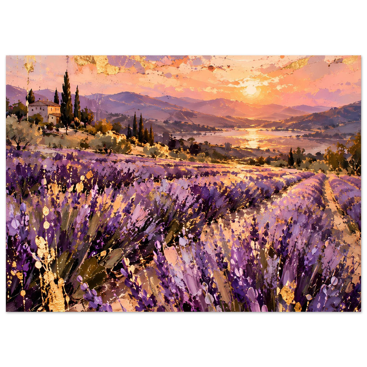Landschaftsposter mit lila Lavendelfeld, goldfarbenem Himmel und warmem Sonnenuntergang