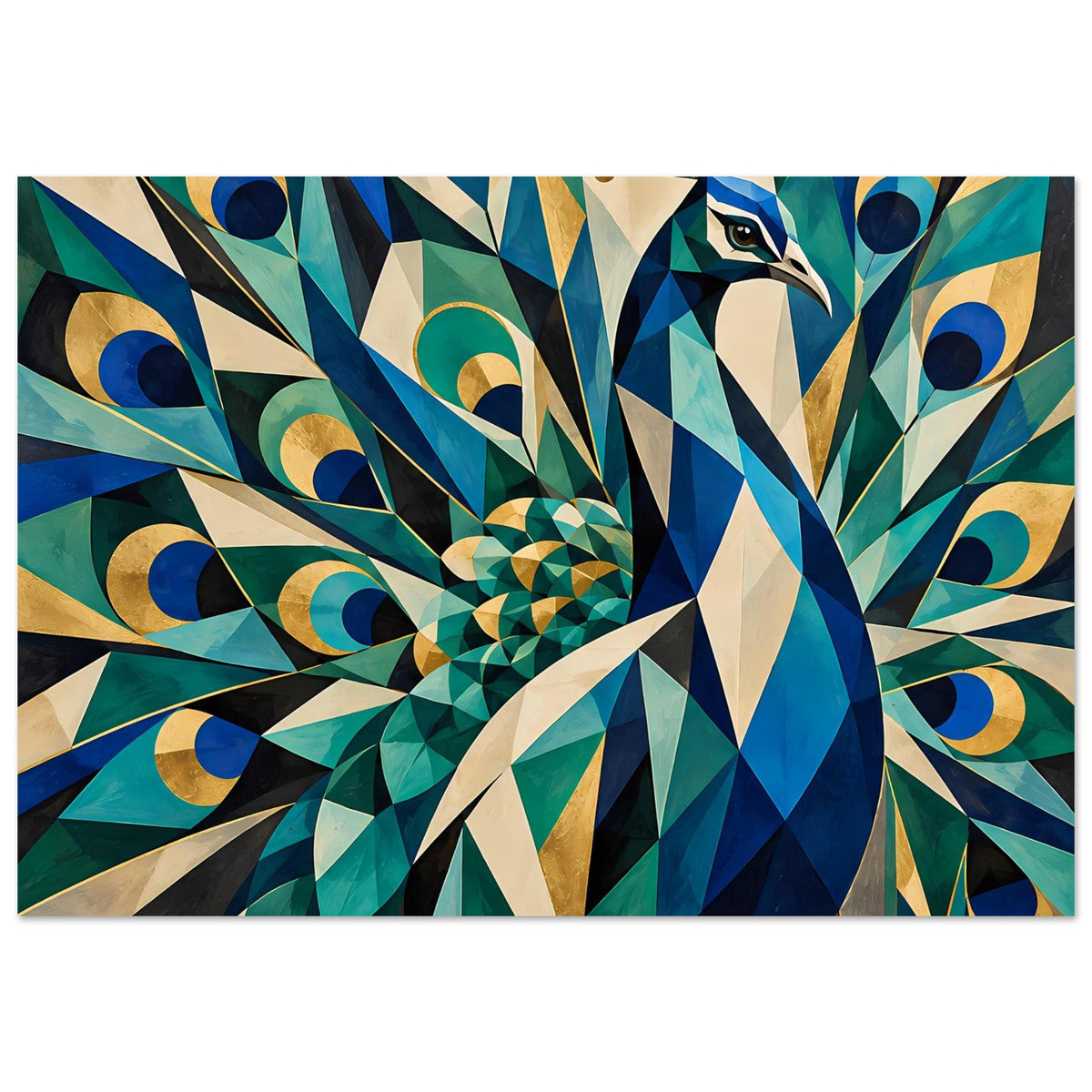 Geometrisches Pfauen-Poster im Querformat, Blau, Grün und Gold mit Federfächer
