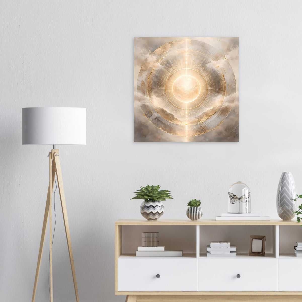 Quadratisches Poster mit schimmernder Sonne, Strahlenkranz und goldenen Kreisringen