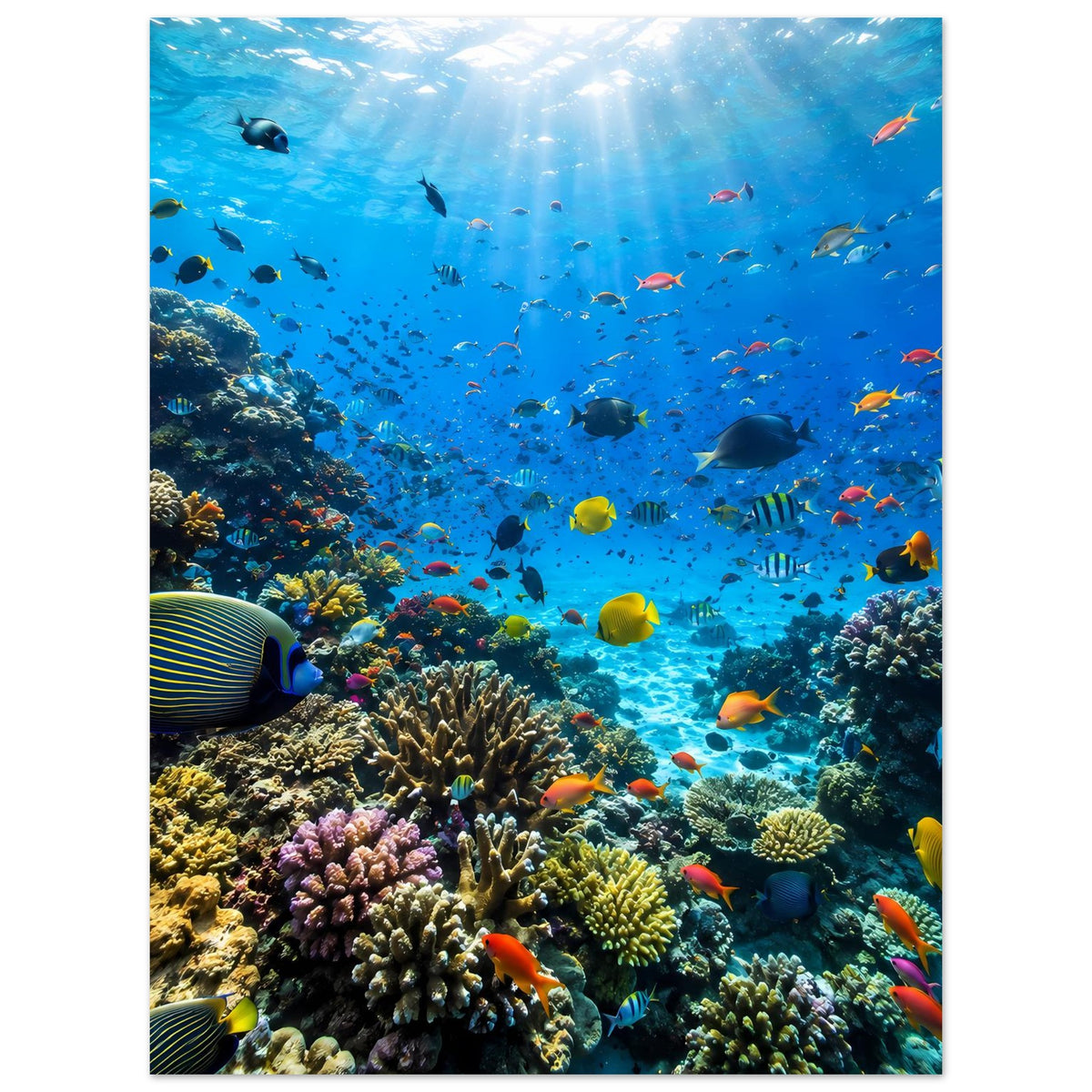 Poster: Unterwasserwelt mit Korallenriff und zahlreichen farbigen Tropenfischen