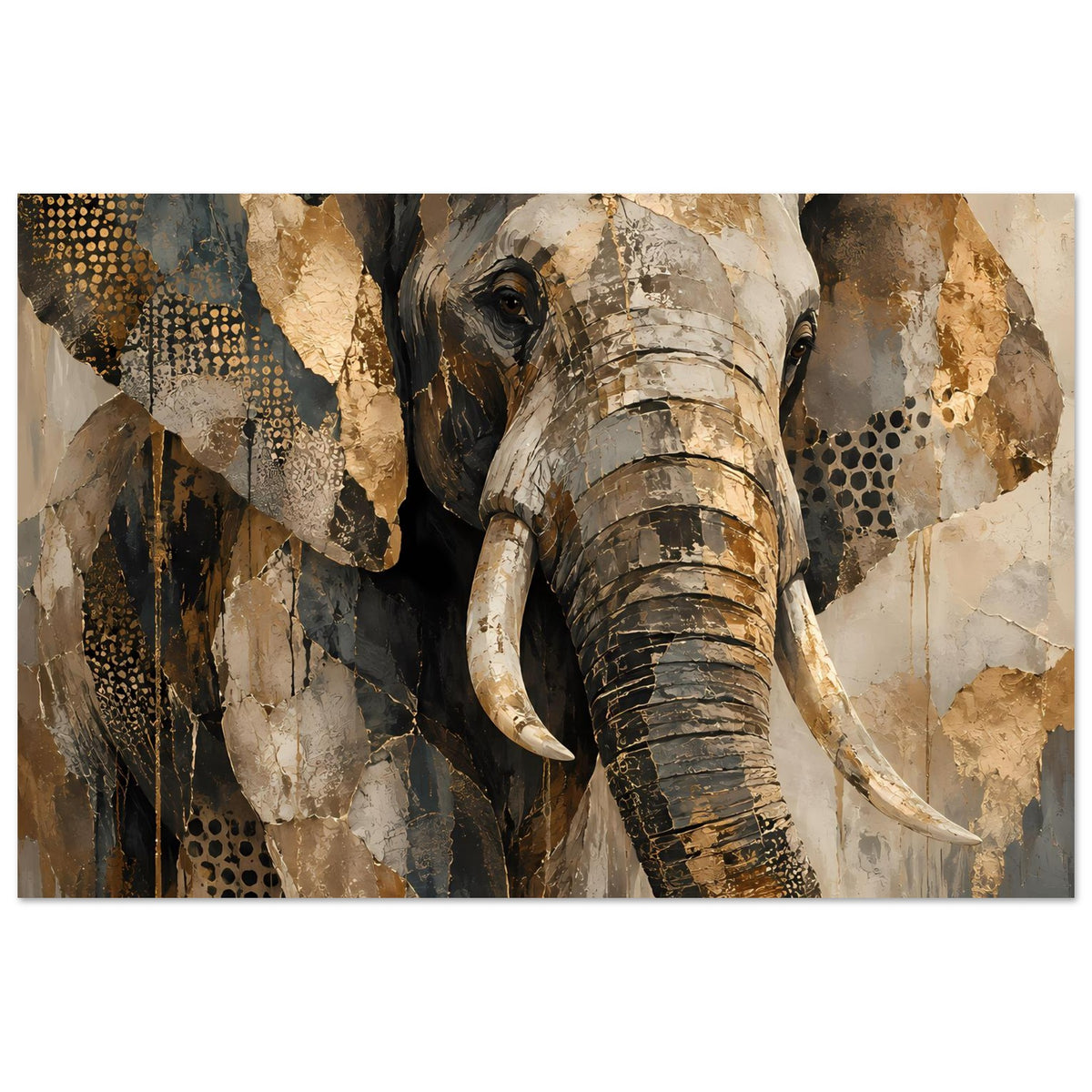 Elefantenkunstposter in warmen Erdtönen, Elefant mit Rüssel im Vordergrund, klare Konturen