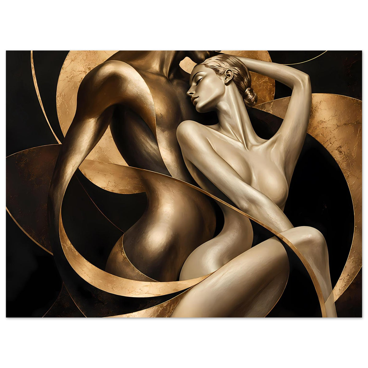 Kunstposter mit gold- und bronzefarbenen Aktfiguren, oben und links angeschnitten