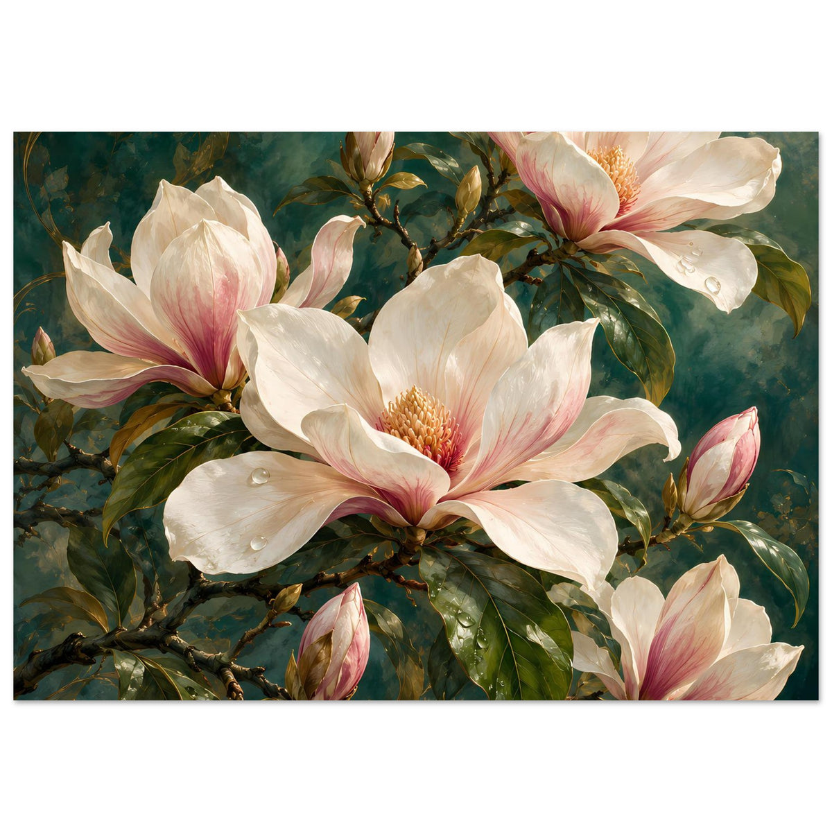 Rechteckiges Poster mit mehreren Magnolienblüten in Creme und Rosa sowie Knospen