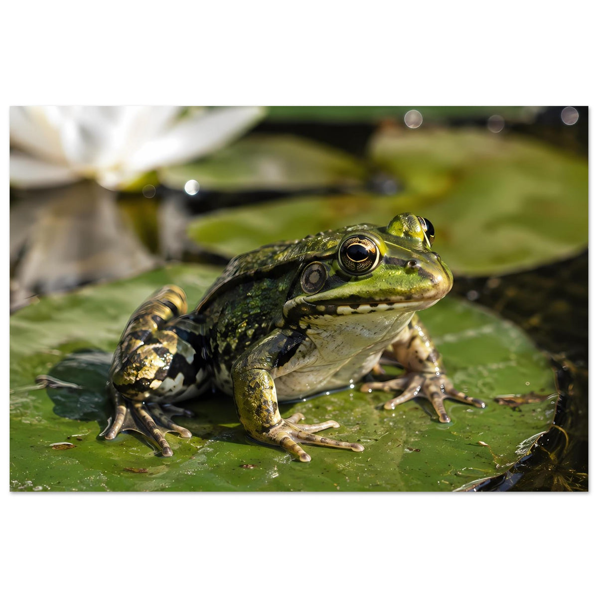 Poster mit grünem Frosch auf Seerosenblatt, Vorderansicht im Querformat.