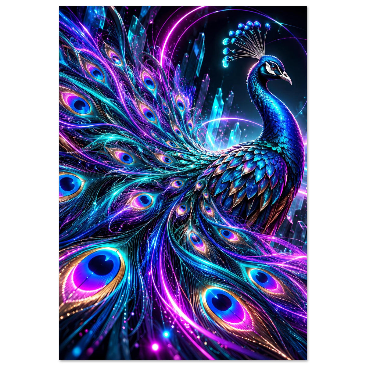 Pfauenposter im Neonstil, Hochformat: blauer Pfau mit breitem Federfächer