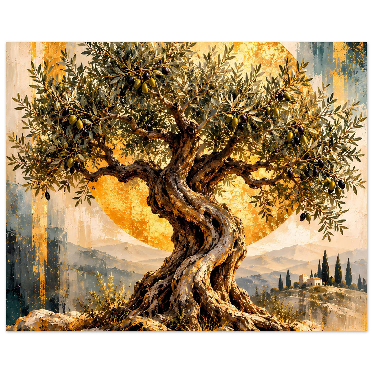 Olivenbaum-Poster (quer) mit goldenen Blättern, dunklem Stamm und leuchtender Lichtscheibe
