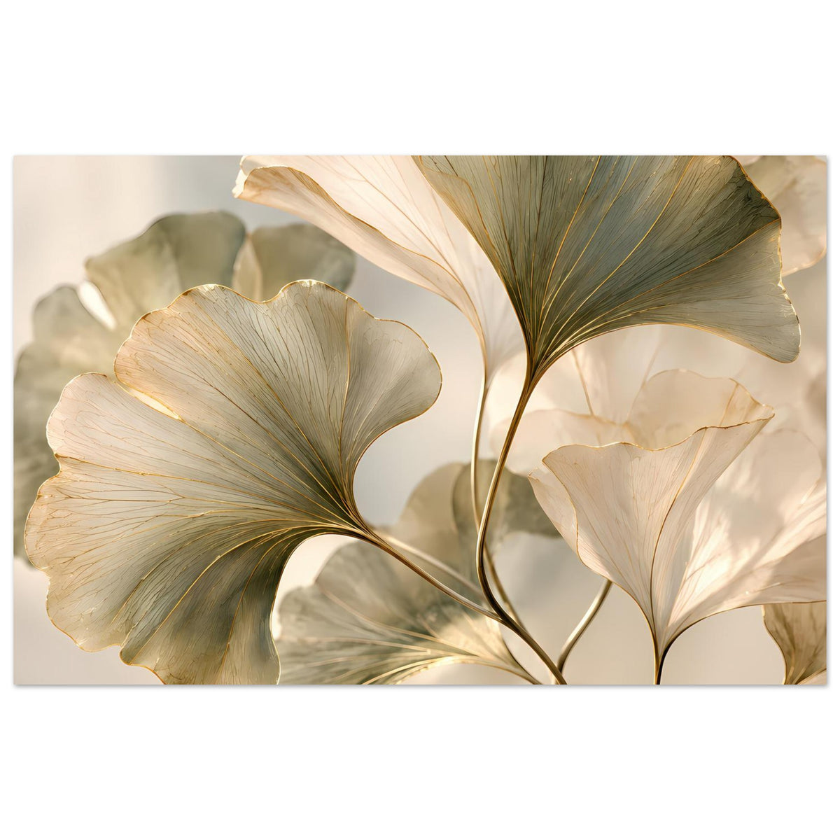 Botanisches Blätter-Poster, cremefarbene Blätter mit goldenen Adern und grünen Akzenten, horizontal